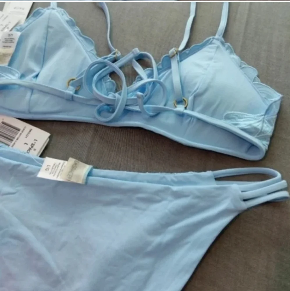 L*Space Jean Top Claude Bottoms Bikini Blue Full Set Satin